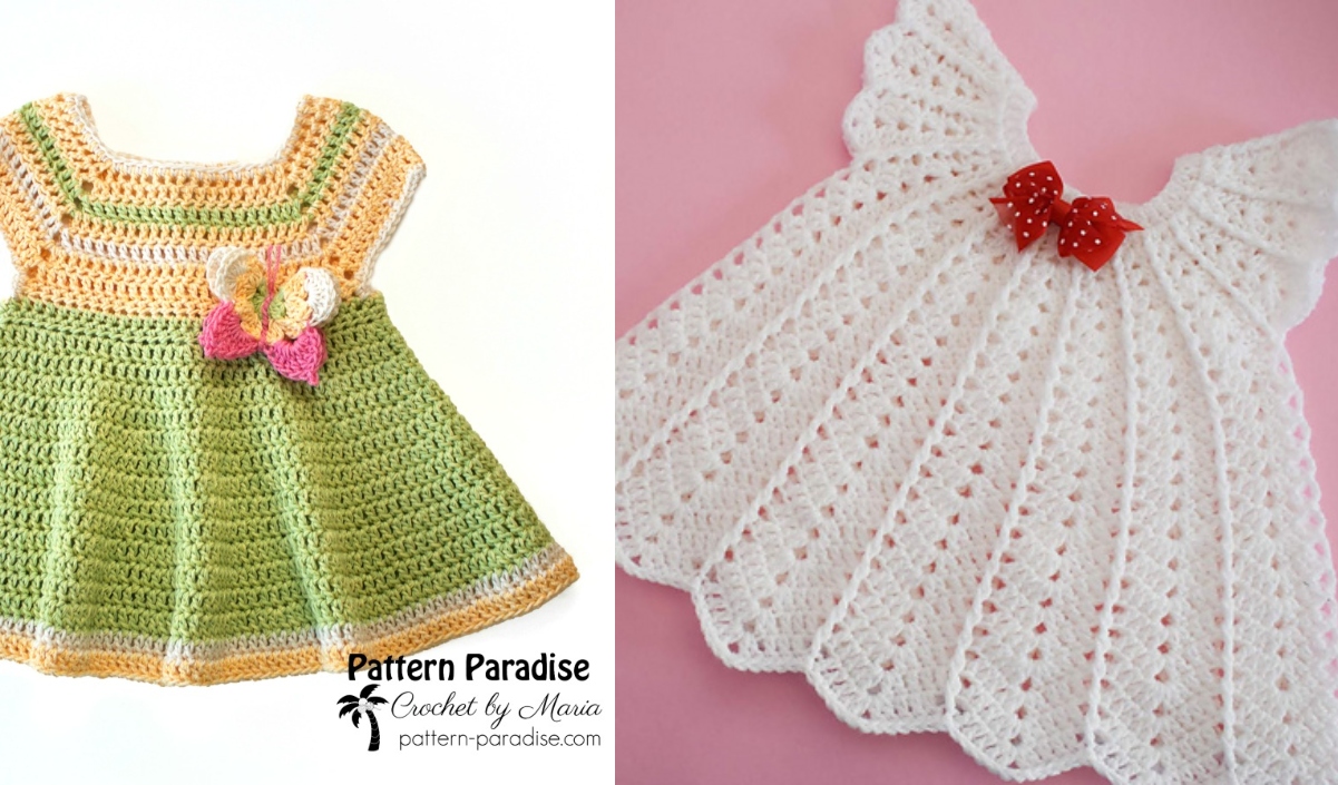 Side-by-side image of a multicolored crochet summer baby dress with bow detail and a white crochet baby dress with a red bow, set against a pink background.