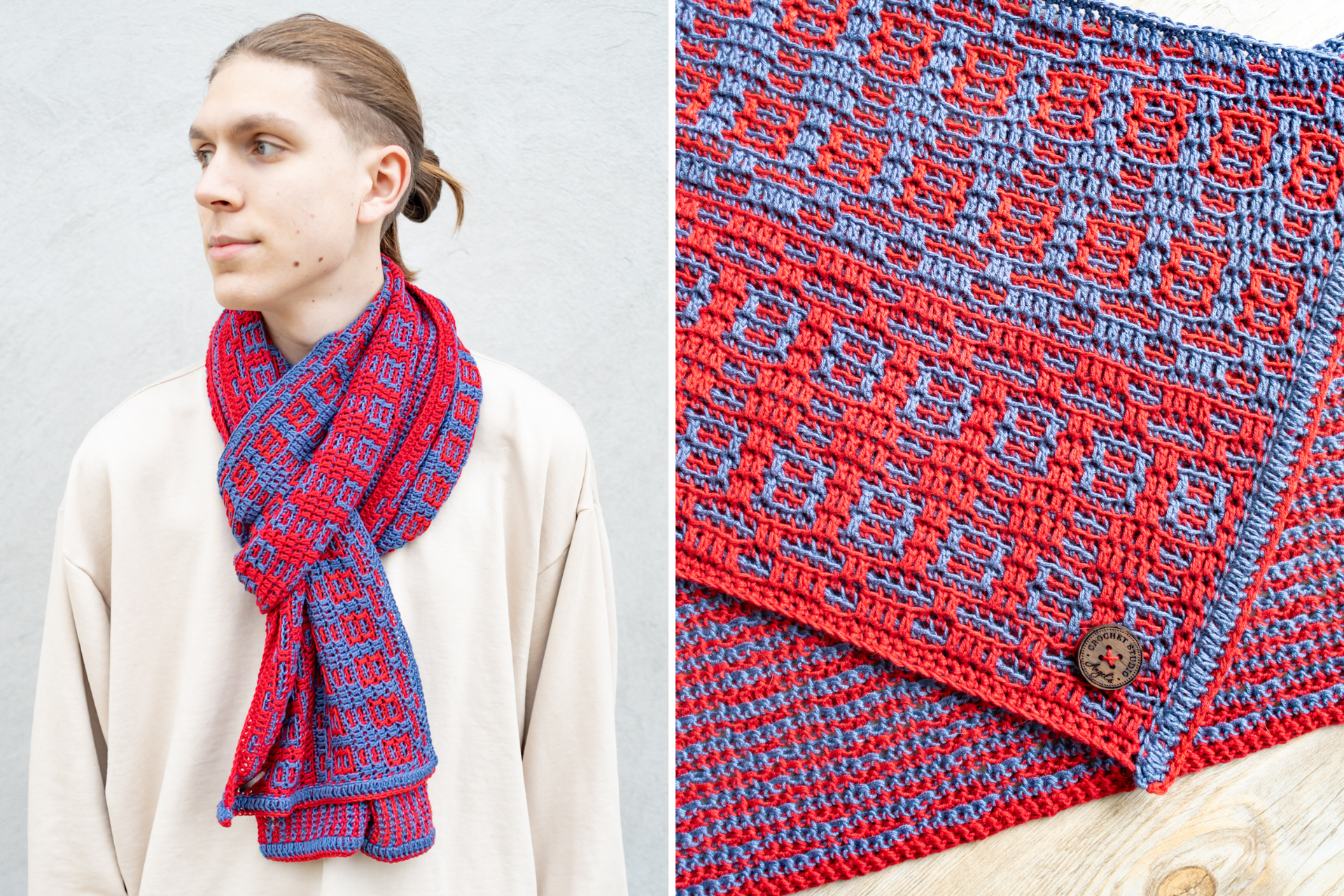 man wearing a red and blue crochet scarf and a close up of a mosaic crochet scarf