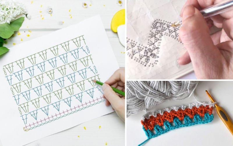 A person is sketching crochet diagrams on graph paper. Two inset images display yarn, a crochet hook, and a partially crocheted piece in blue and orange.