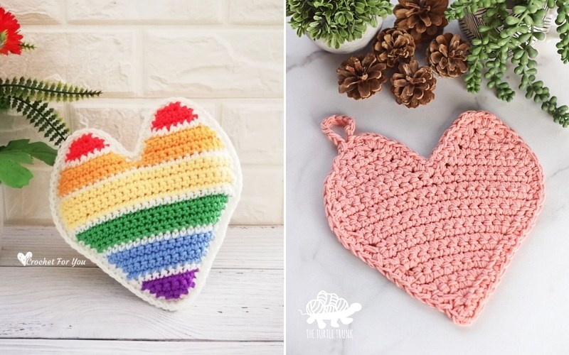 Two crocheted heart-shaped items: one with rainbow stripes on the left and a solid pink design on the right, perfect for adding a touch of Valentine's Day charm, surrounded by greenery and pinecones.