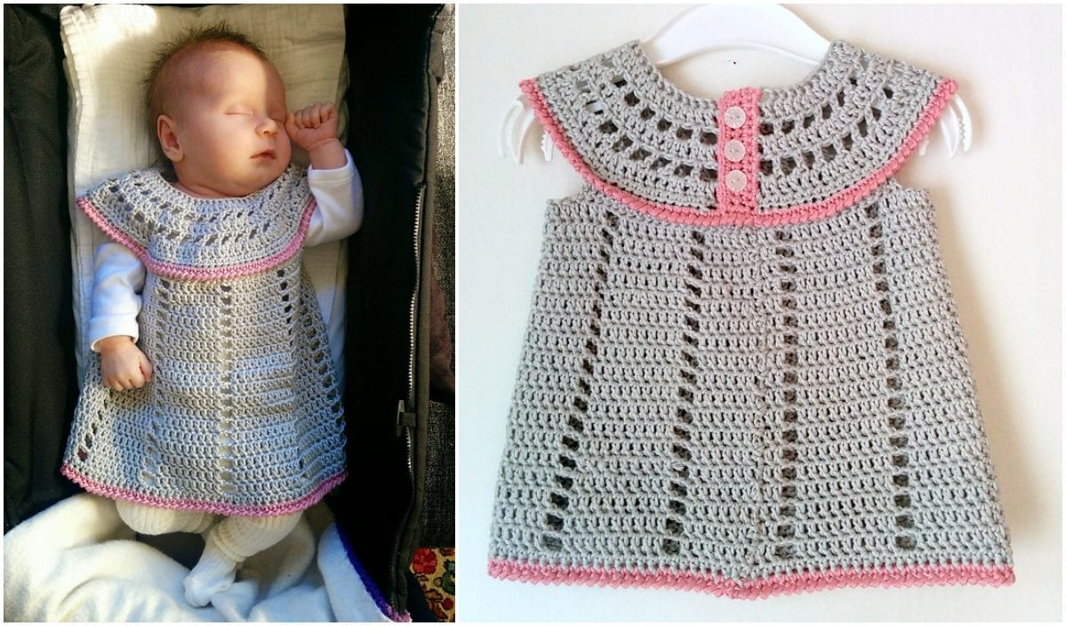 Baby blissfully sleeping in a carrier, wrapped in the Baby Delight Dress—a charming crocheted gray dress with pink trim. The same adorable dress is displayed hanging on a hanger, ready to inspire your next creation with its delightful crochet pattern.