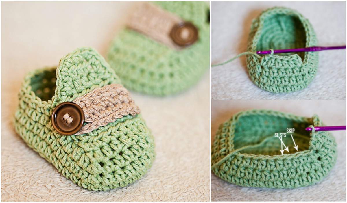 These adorable crocheted baby moccasins in green feature charming brown buttons and are captured in various stages of completion alongside a trusty crochet hook.