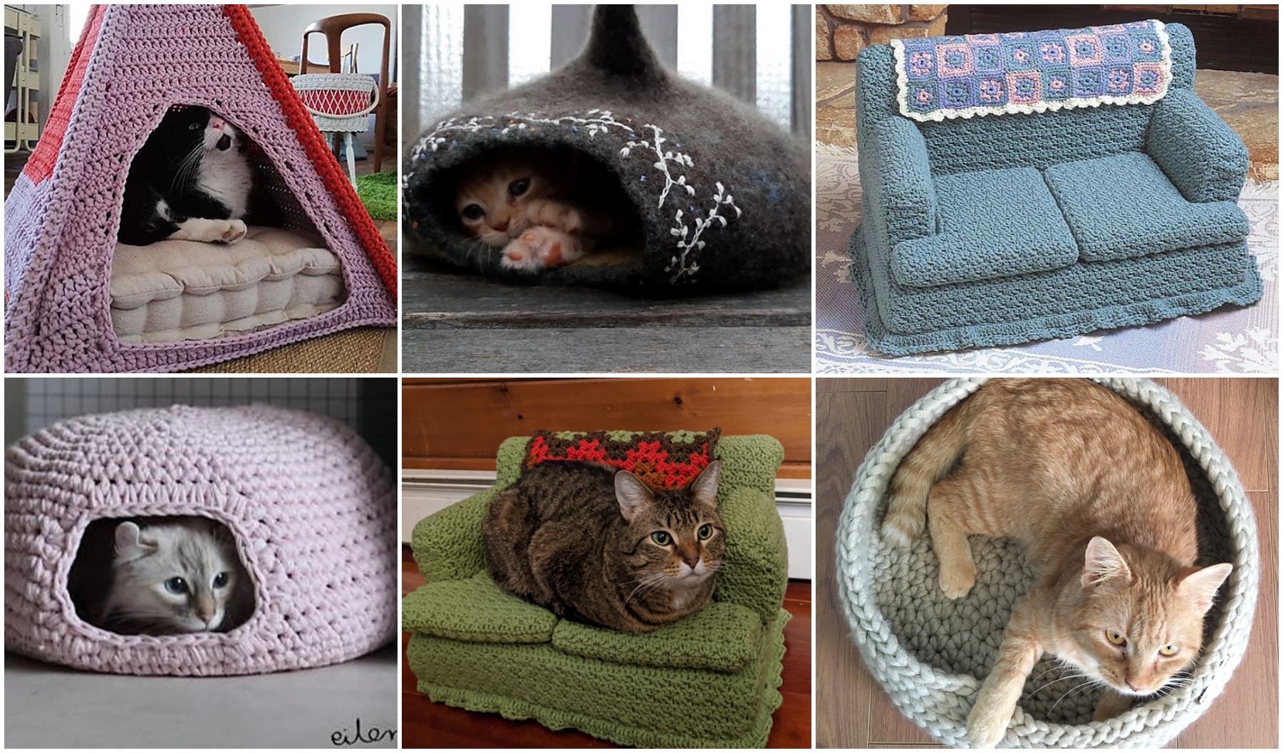 Six cats are nestled comfortably in their crocheted havens: a red tent, gray cave, teal couch, pink dome, green chair, and round basket. Each cat bed nest provides a perfect sanctuary for relaxation.