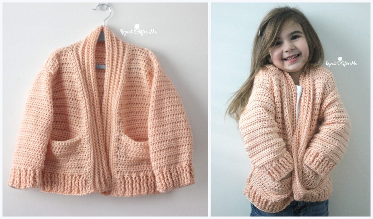 A peach-colored crocheted cardigan, crafted from a free crochet pattern, is displayed on a hanger on the left; on the right, a smiling child enjoys some chill time wearing the same cozy child's cardigan.