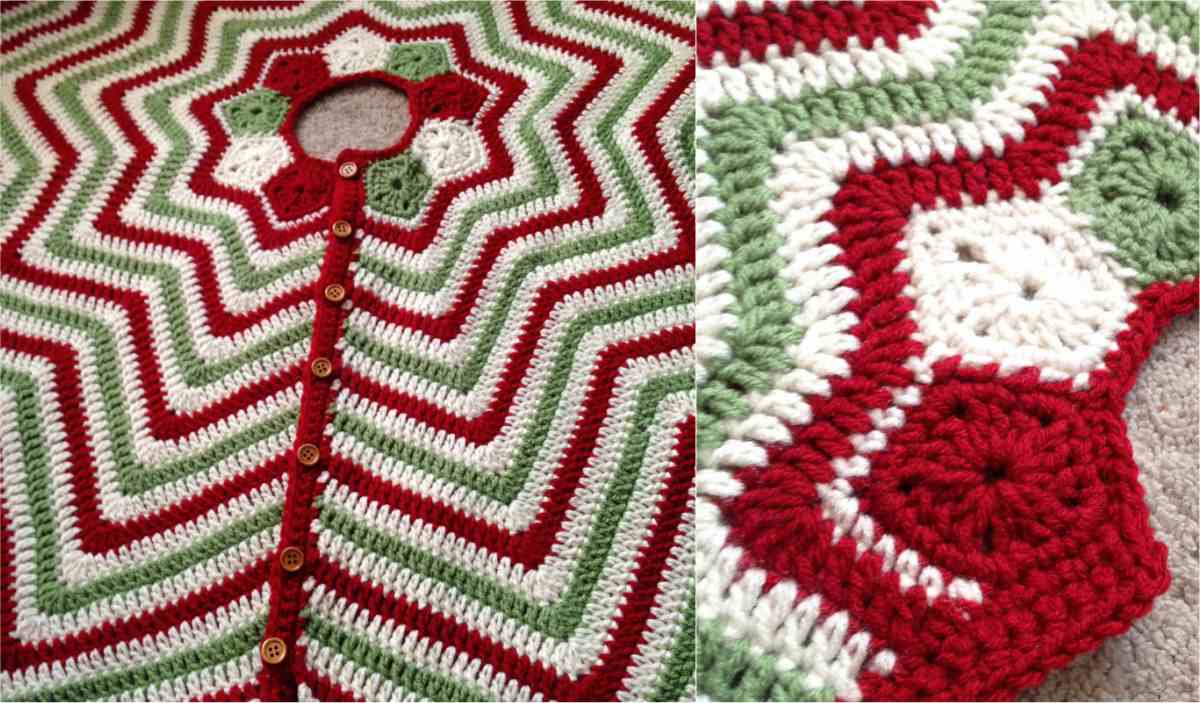 Crocheted poncho with a festive red, green, and white zigzag pattern reminiscent of a Christmas tree skirt, featuring a button closure. Shown in full view and close-up detail for crochet pattern enthusiasts.