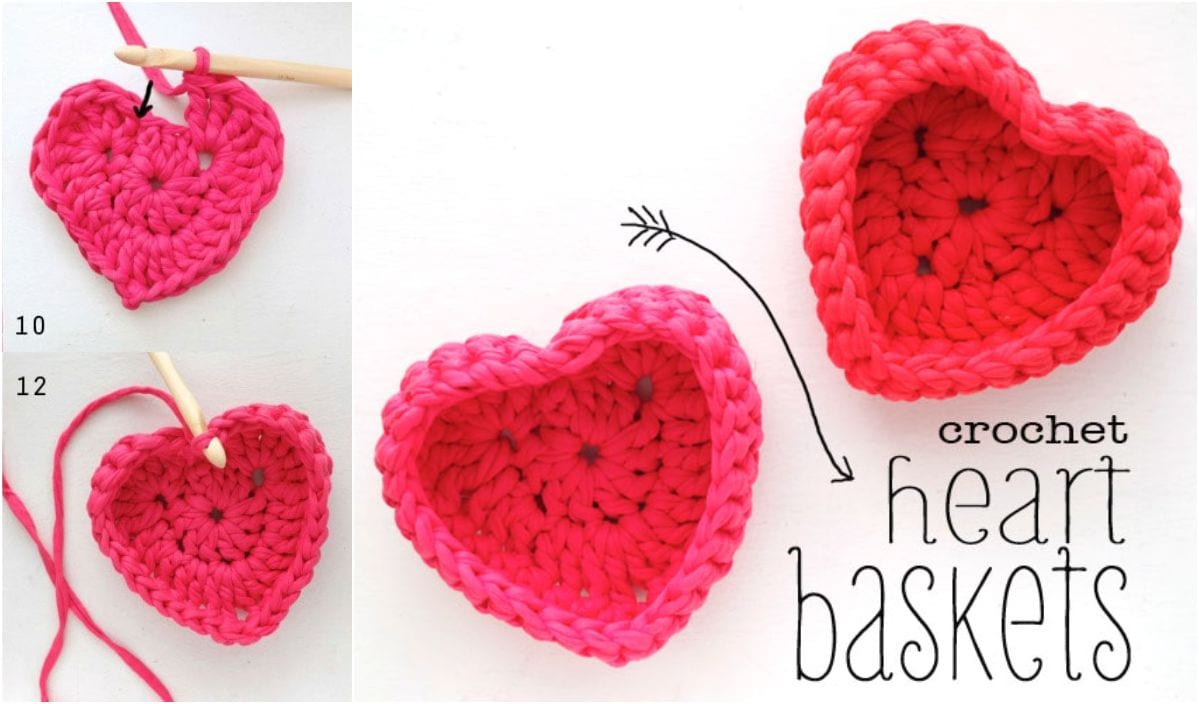 Lana Blossom presents charming crochet heart baskets in progress and completed, with two pink heart-shaped baskets displayed. An arrow points to the elegant finished baskets beside the text "crochet heart baskets." Grab your free pattern today!