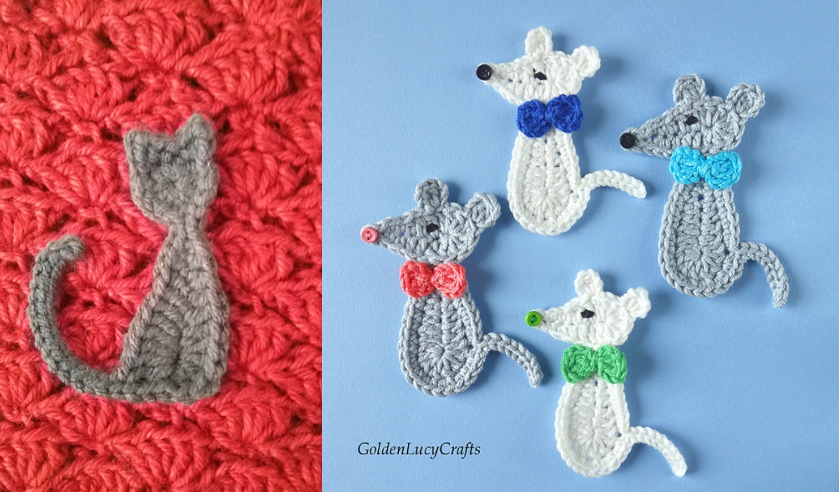 Mouse and Cat Applique: A crocheted gray cat on a vibrant red background pairs beautifully with four colorful crocheted mice, each adorned with bows, set against a soothing blue backdrop.