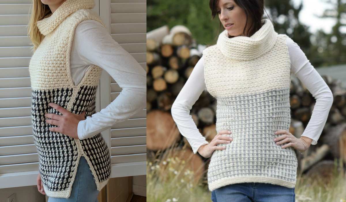 Two women don elegant cowled sweater vests; one features a striking black and white pattern, while the other is cream-colored. Both stand confidently with hands on hips, framed by a rustic woodpile and lush plants. Inspired by a free crochet pattern, their style is effortlessly chic.