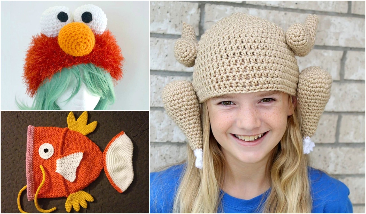 Three funny crochet hats: a red puppet with an orange nose, a whole roast turkey perched on a child's head, and an orange fish with fins and a white belly.