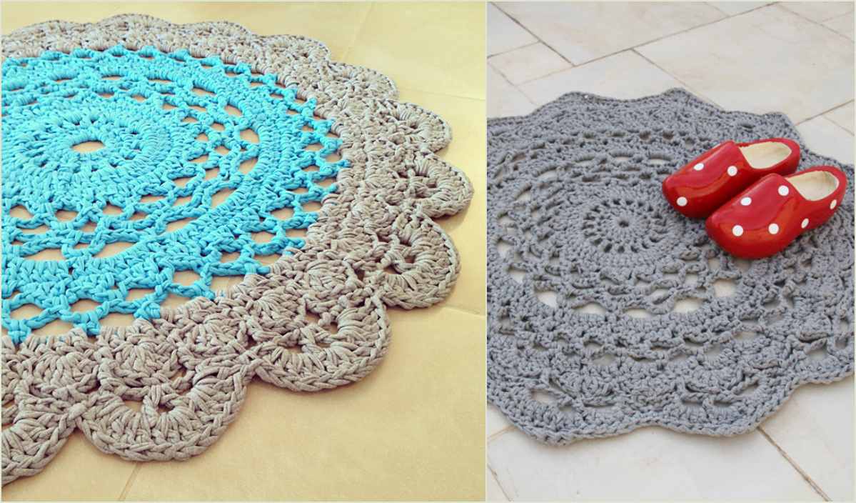 Two crochet doilies on the floor: one blue and beige, the other gray with red clogs placed on it. These doily rugs, crafted from a free crochet pattern, bring a touch of elegance to any space.