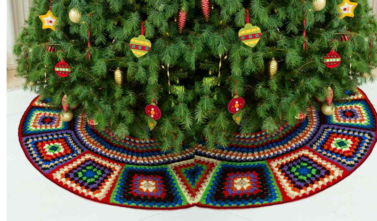 A vibrant Granny Tree Skirt with a colorful geometric pattern adds charm under a decorated Christmas tree adorned with assorted ornaments. Perfect for those looking to enhance their holiday décor with a touch of handmade, crocheted elegance.