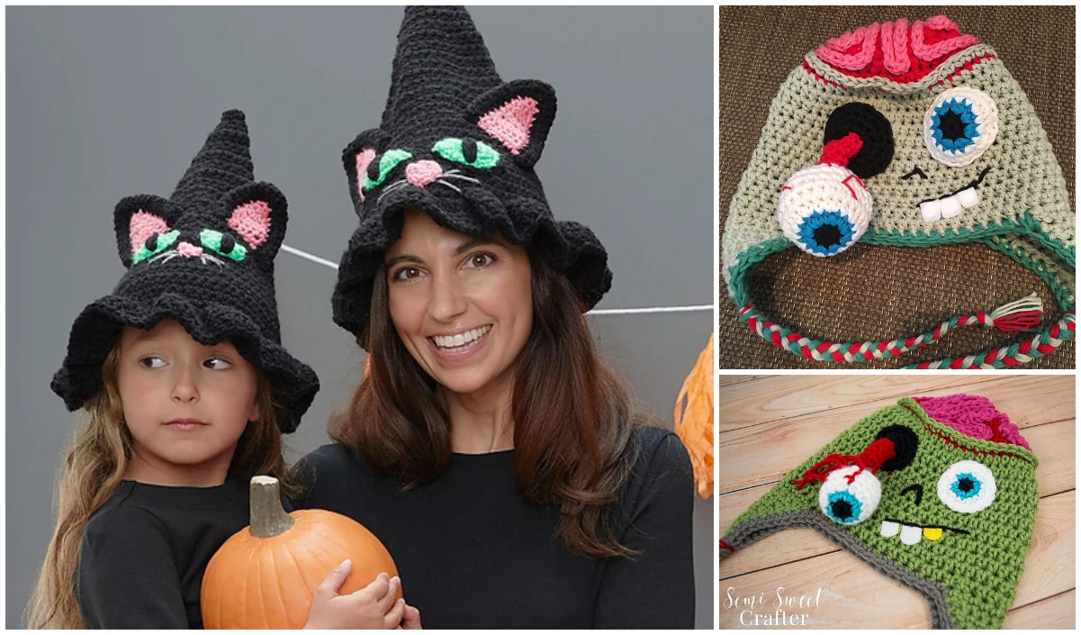 A woman and child wear crocheted Halloween hats styled as black cats, while the child clutches a pumpkin. To their right, two additional hats are displayed, featuring whimsical monster faces.