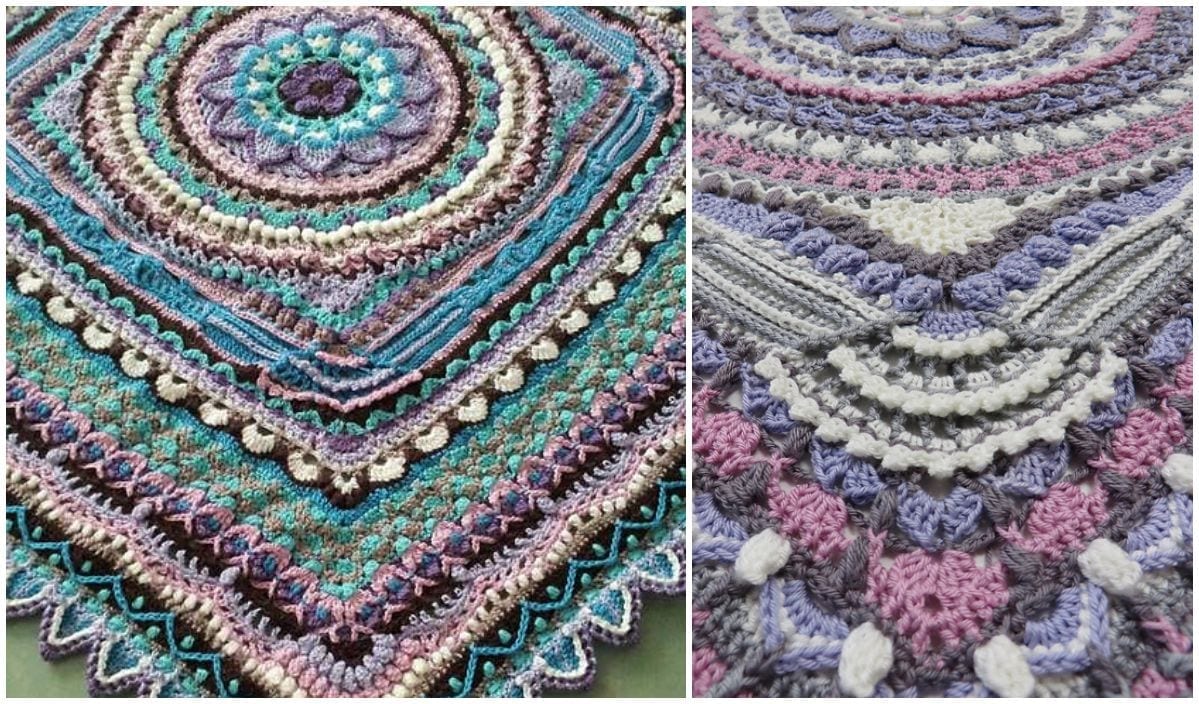 Close-up of a colorful crocheted blanket with intricate geometric patterns in blue, purple, pink, and white hues, reminiscent of a vibrant Spill Shawl.