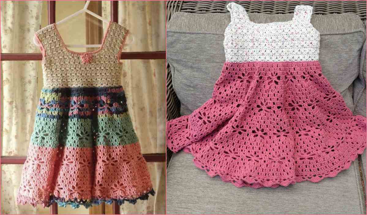 Two crochet dresses are displayed. The dress on the left boasts multi-colored stripes, while the one on the right features a white top and a pink skirt. Both showcase intricate crochet patterns reminiscent of a pocket fox design, capturing delicate craftsmanship.