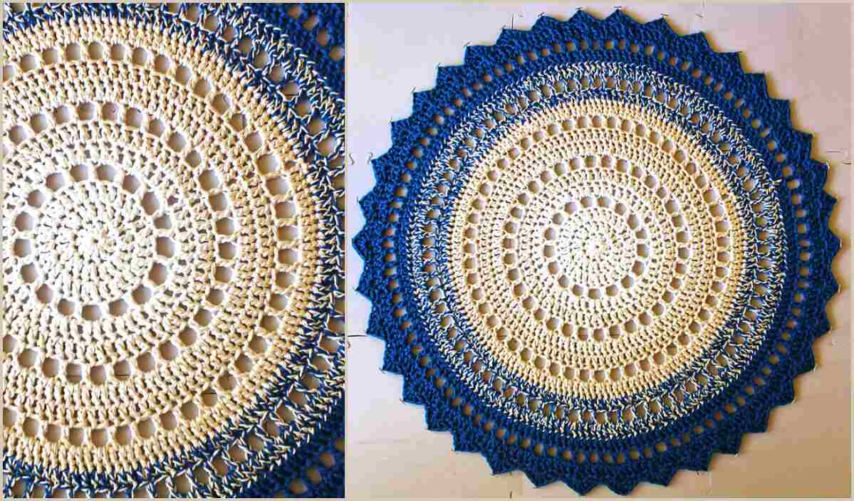 Circular crochet mat with intricate patterns in shades of blue and cream, perfect for adding a touch of handcrafted elegance to any space. Ideal for those looking to complement their decor with unique crochet patterns.