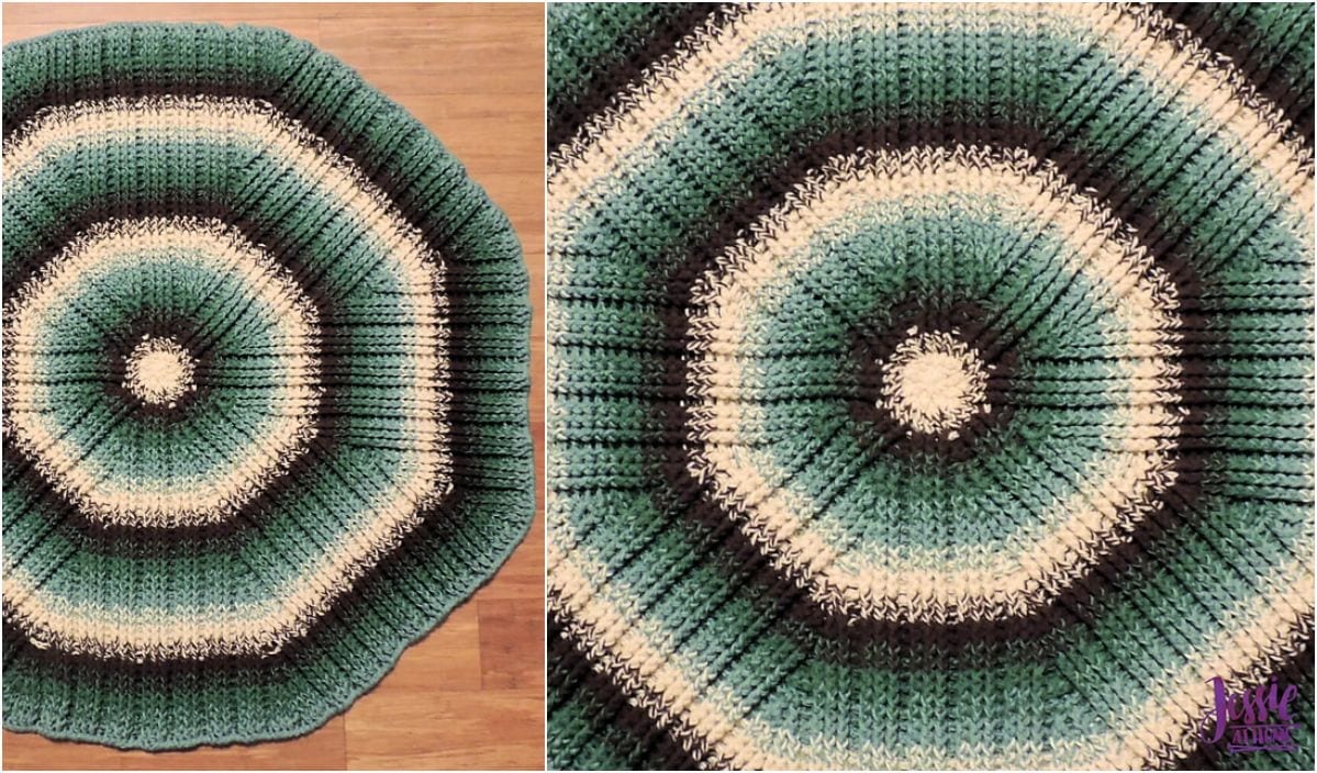 Round crochet rug with an octagonal pattern, reminiscent of Mossy Oaks, featuring green, black, and white concentric rings. A close-up view on the right highlights the texture and color transitions.
