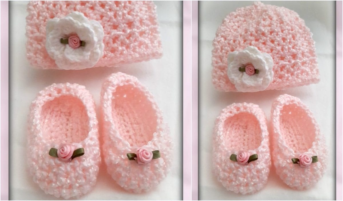 Crocheted pink baby hat and booties feature delicate white flower and rosebud decorations, adding a charming touch. Perfect for little ones, this set can be made with a Meadow Mistery pattern that brings whimsical beauty to your creations.
