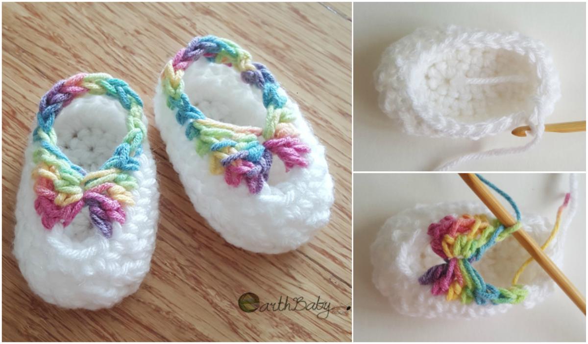 Explore our free crochet pattern for adorable baby booties made of white yarn with colorful detailing. These charming creations, beautifully displayed on a wooden surface, are accompanied by close-up images that showcase the intricate crochet process.