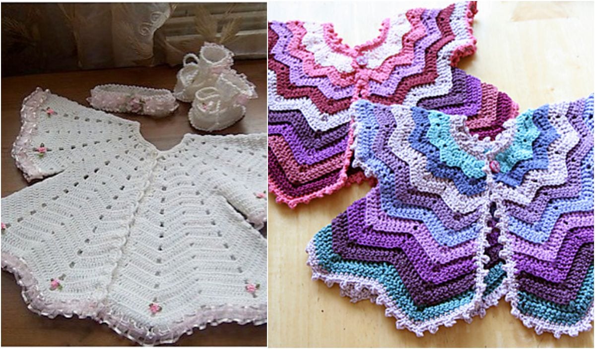 Two sets of crocheted baby clothing are displayed. The left set features a white dress and booties, while the right set includes two colorful chevron-patterned sweaters. A star-shaped baby vest, crafted using a free crochet pattern, adds a unique touch to the collection.