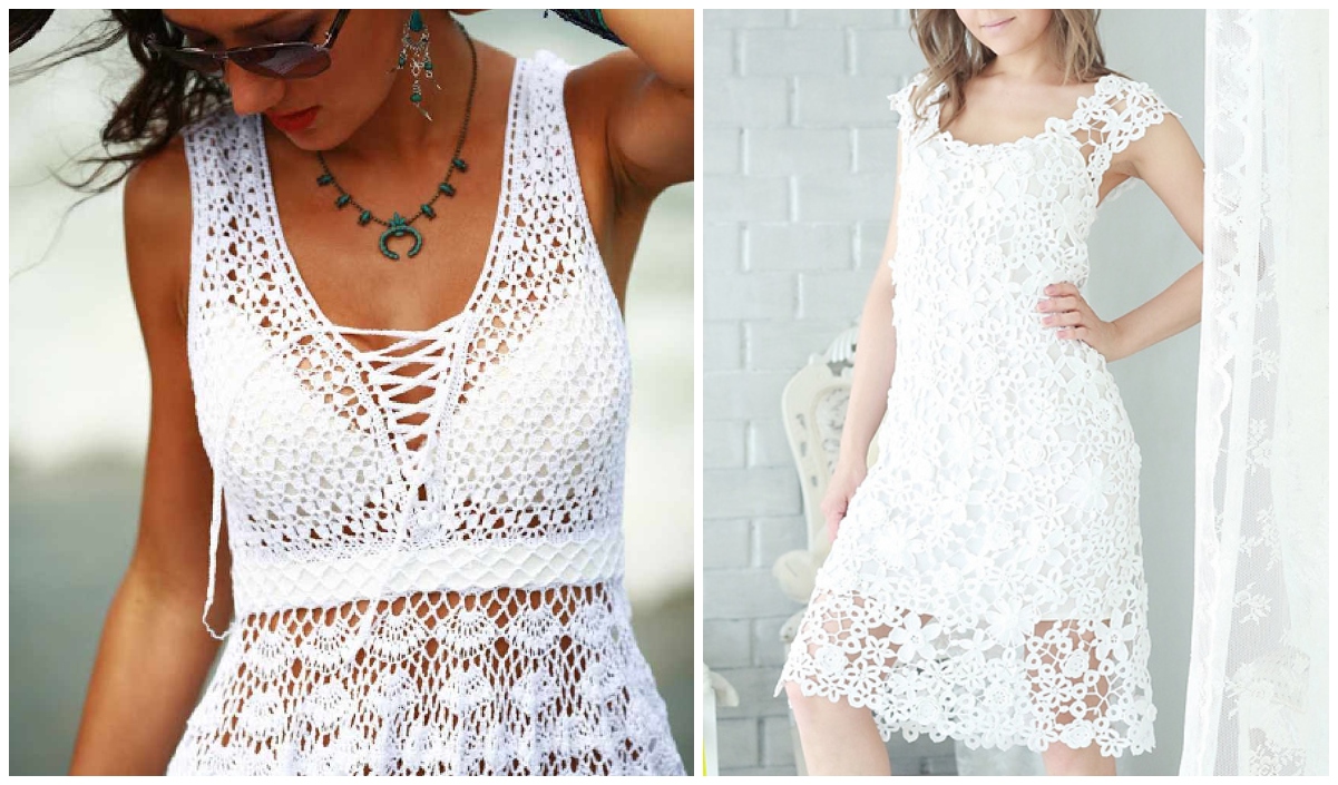 Two women wearing white summer dresses with intricate crochet patterns, one sleeveless with a laced front and the other short-sleeved. Both outfits feature delicate, floral-like designs perfect for warm days.