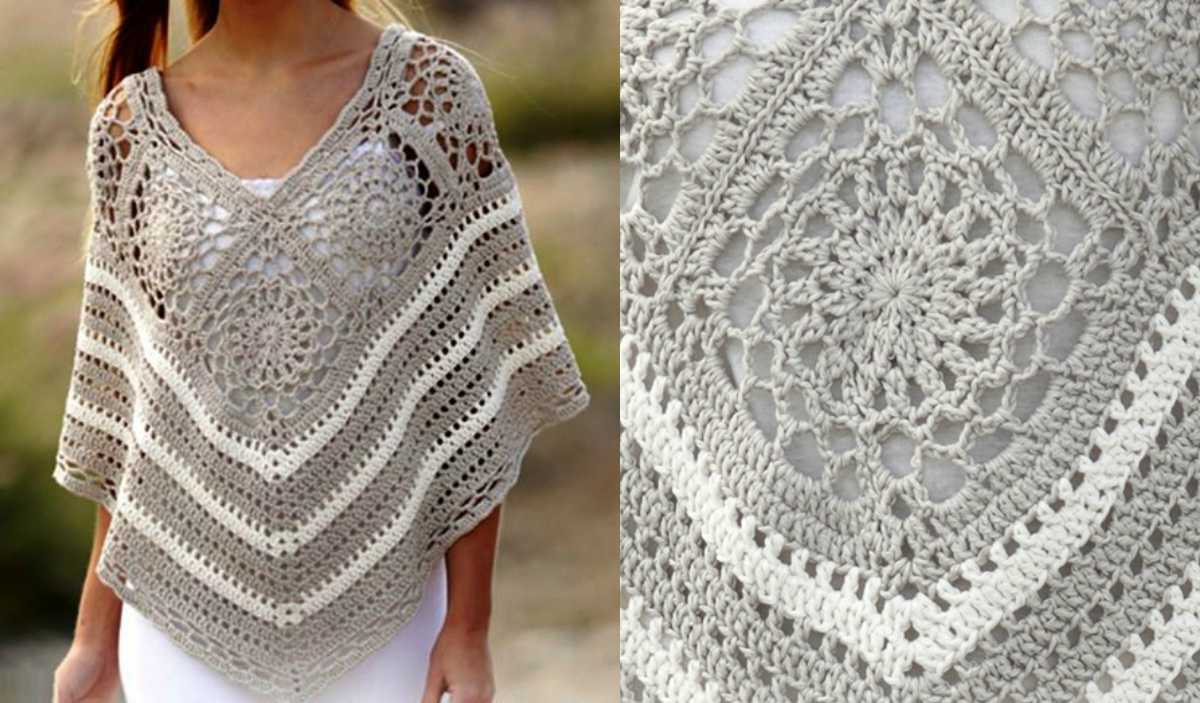 A person wearing a summer poncho with intricate crocheted patterns, featuring diamond and circular designs in beige and cream. Close-up details of the crochet work are displayed on the right, highlighting its breezy elegance.
