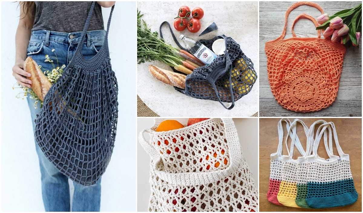 A collage of crochet tote bags, each in different designs and colors, some filled with groceries like bread and vegetables. Discover the best crochet patterns for your own market bag and explore free crochet patterns to create these vibrant accessories.