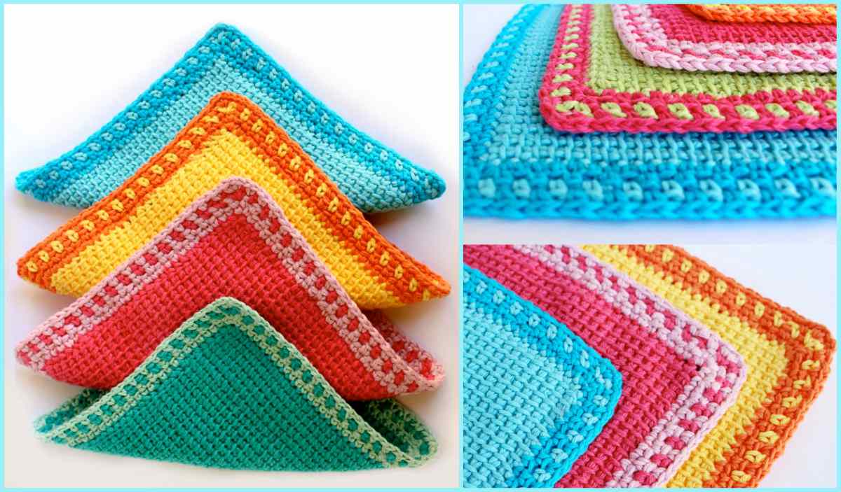 A vibrant collection of colorful crocheted potholders arranged in triangular shapes, boasting shades of blue, yellow, orange, pink, and green with detailed border patterns. Discover the charm with a free crochet pattern to recreate these stunning designs at home.