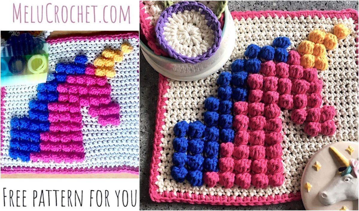Discover a whimsical crocheted unicorn pattern featuring a pink mane, blue face, and yellow horn on a white background edged in pink. Crafted using the bobble stitch, this delightful creation sits alongside a basket and other unicorn-themed treasures.