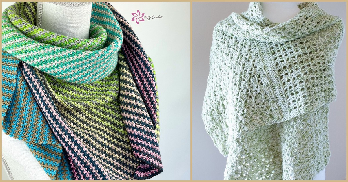 Two mannequins showcasing vibrant summer night shawls. The left features bold stripes, while the right boasts a delicate lacy pattern.