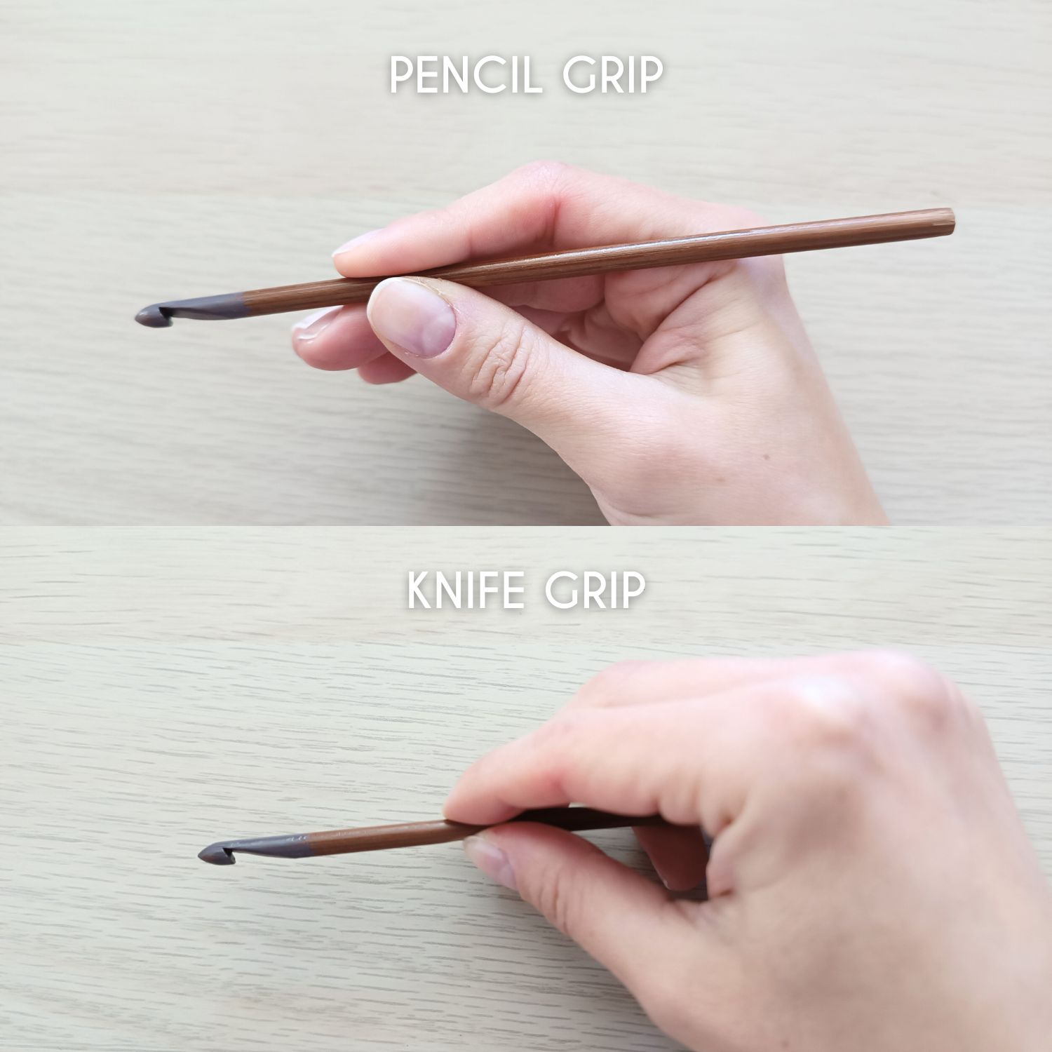 A person is holding a pencil grip and a knife grip.