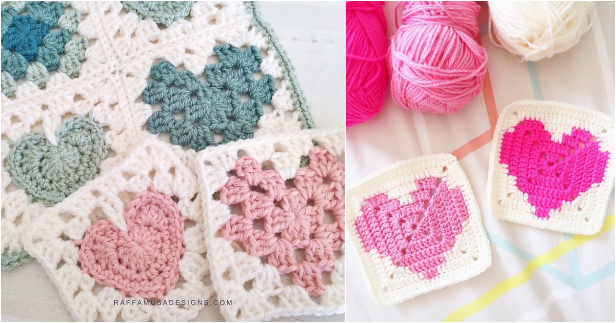 Heart granny squares with heart patterns in blue, pink, and white yarn are displayed alongside pink and white skeins of yarn.
