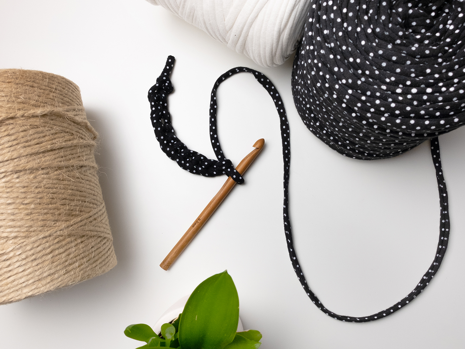 Black and white polka dot yarn and a knitting needle.