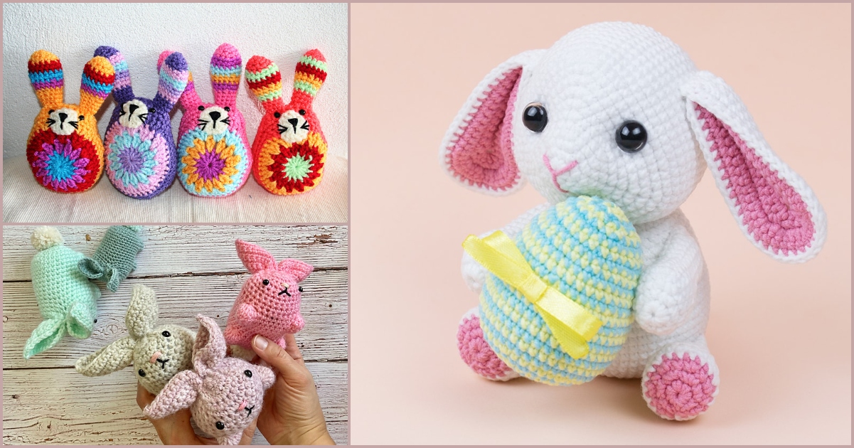 Crocheted bunnies in various colors: left, colorful striped bunnies; bottom left, pastel bunnies held in hand; right, a large Easter Bunny holding a yellow and blue striped egg. Discover your next creation with these free crochet patterns.