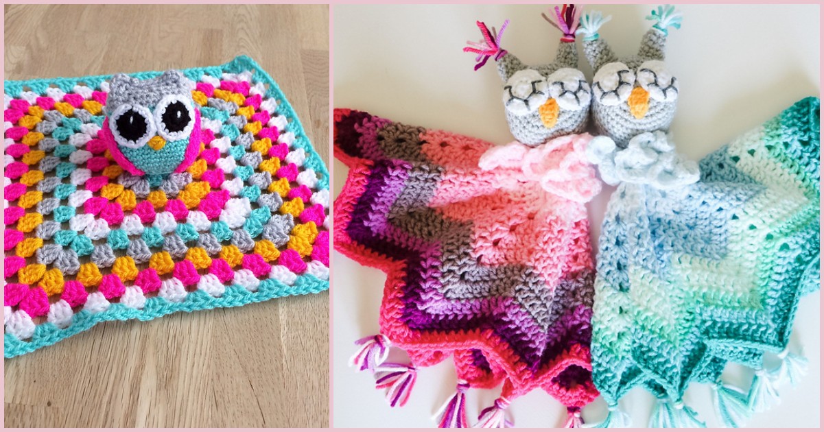 Charming crocheted baby blankets with adorable baby owl loveys are artfully displayed on a wooden surface.