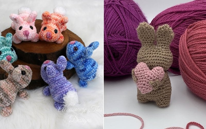 Amigurumi crocheted bunnies in various colors surround a wooden stand on the left, while a single baby bunny clutches a heart next to pink yarn on the right, offering a charming scene perfect for creating with free patterns.
