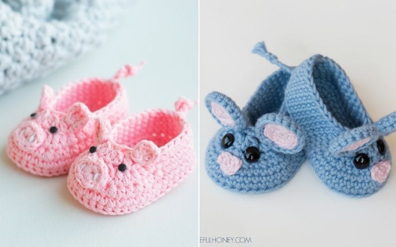 A pair of crocheted baby shoes with a pig on them.
