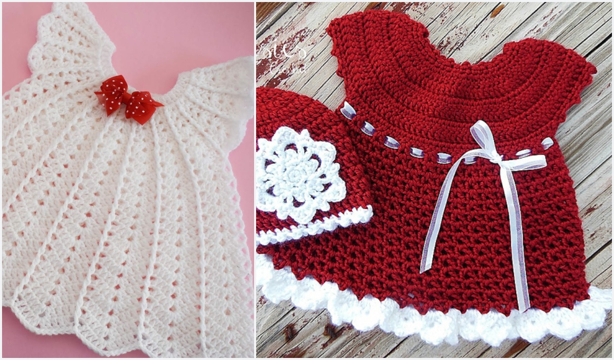 Two delightful crochet baby dresses: one white adorned with a red bow, the other in vibrant red with exquisite white trim and a matching hat, all elegantly arranged on a wooden surface.