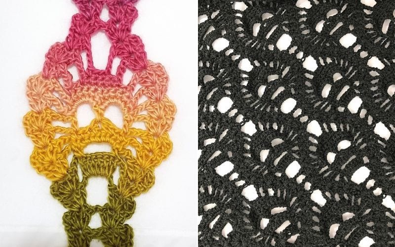 Discover two beautiful crochet skull shawls: on the left, a gradient of pink to green, while on the right, a striking black wavy design.