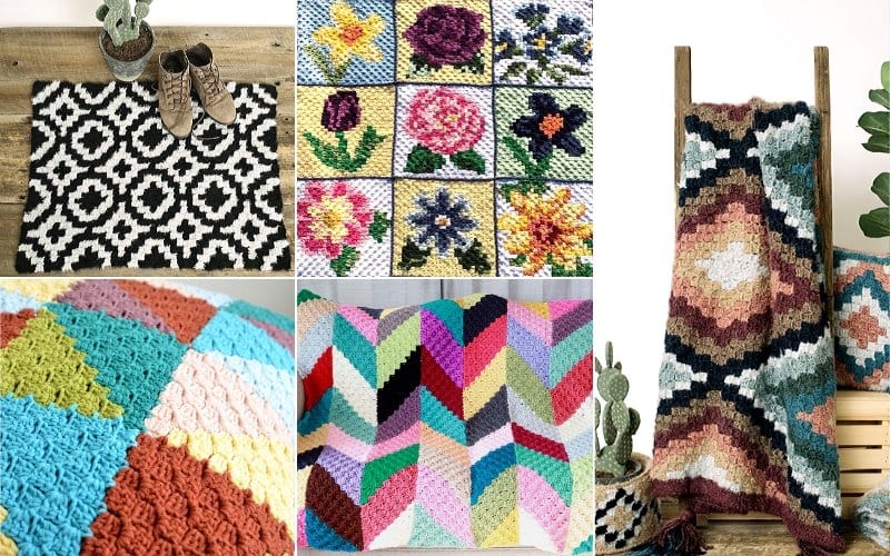 Collage of five colorful crochet and knitted patterns, featuring C2C techniques with geometric, floral, and striped designs. Ideal for fresh home decor ideas.