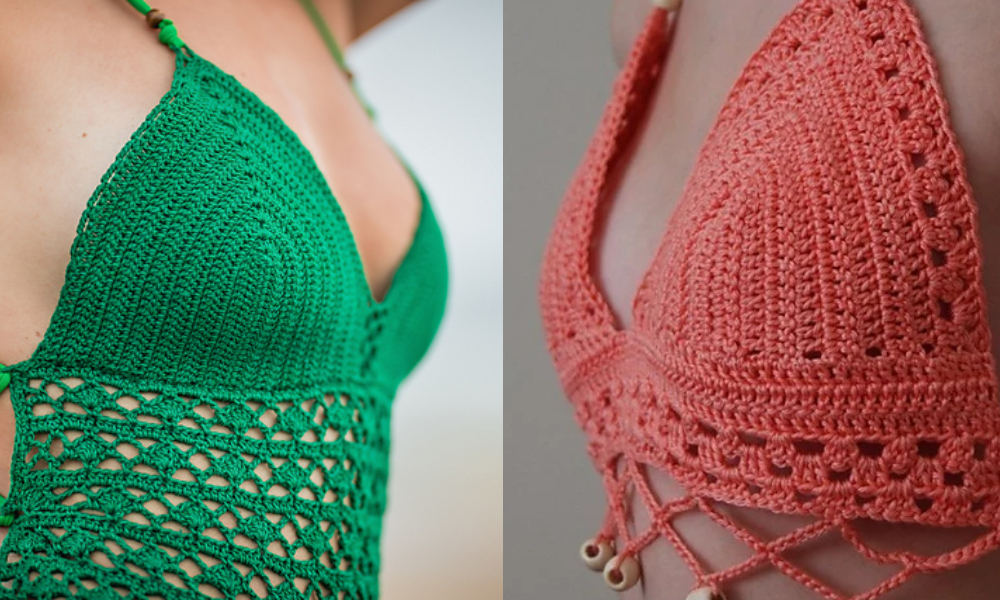 Close-up of two intricately patterned crocheted tops, one green and one coral, resembling a stylish crochet swimsuit with chic halter necks.