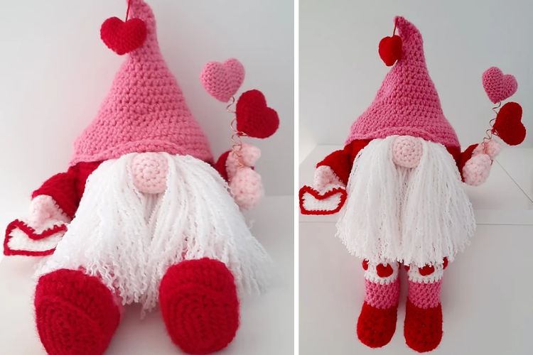 Valentine's day crocheted gnome.