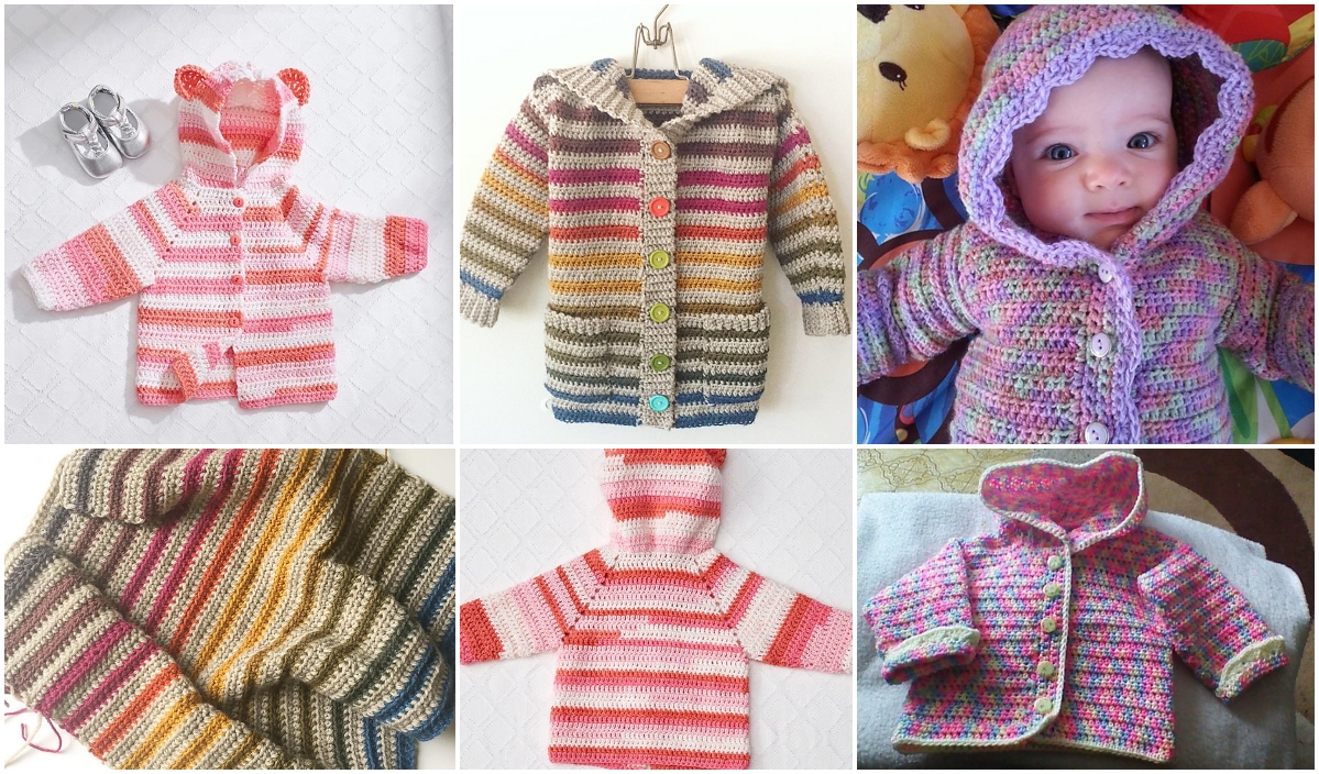 A collage of crochet baby cardigans and hoodies in striped patterns and various colors. One image features a baby wearing a hoodie cardigan, surrounded by shoes and toys.