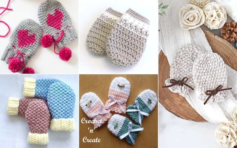 A cozy collage of crocheted baby mittens showcases a variety of designs and colors, including gray with pink hearts, cream with white trim, blue and pink with bows, and soothing neutral tones.