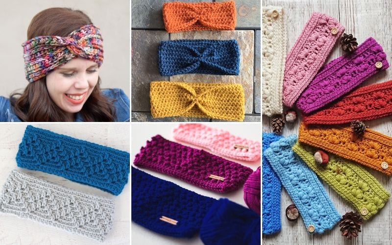 Collage of various knitted headbands and crochet ear warmers in different colors and styles, including a woman wearing a colorful headband. Free patterns are available for those inspired to create their own unique accessory.