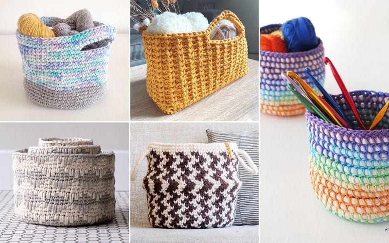 A stunning collage of crochet baskets, perfect for home decor, showcases vibrant colors and intricate patterns. These delightful creations double as stylish crochet storage, elegantly holding yarn and hooks.