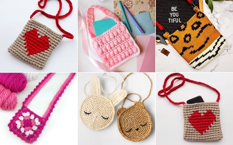 A collage of six crochet purses showcases creative ideas with playful designs, including hearts, pink textures, a tiger face, floral patterns, and charming animal faces perfect for kids.