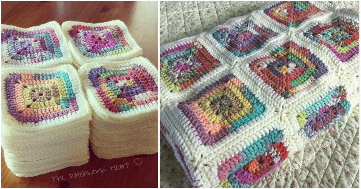 A crocheted square afghan and a crocheted square afghan.