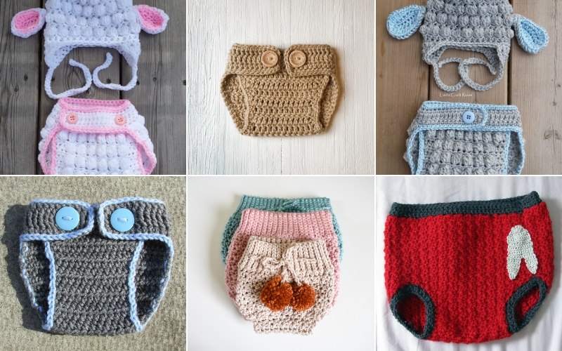 A cute collage of six handmade crochet baby diaper covers, each showcasing vibrant colors and playful designs with charming buttons and adorable animal motifs.