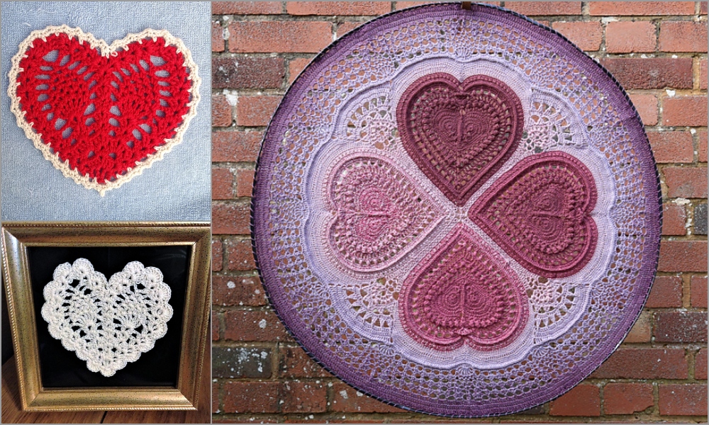 Explore heart ideas with crochet patterns in three designs: a red heart, a framed white heart, and a large circular piece featuring interlocking purple and pink hearts, all set against a rustic brick wall background.