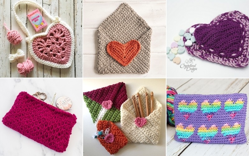 A collage of six Valentine's Day crochet projects featuring heart-shaped designs, colorful patterns, and pouches, displayed with yarn and crochet hooks.
